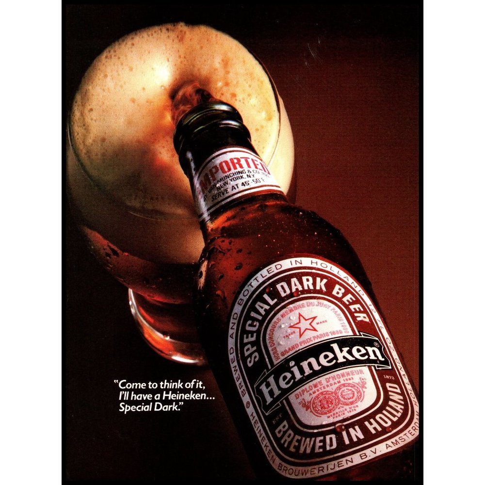 1985 Heineken Special Dark Beer Vintage Print Ad Brown Bottle Holland Wall Art